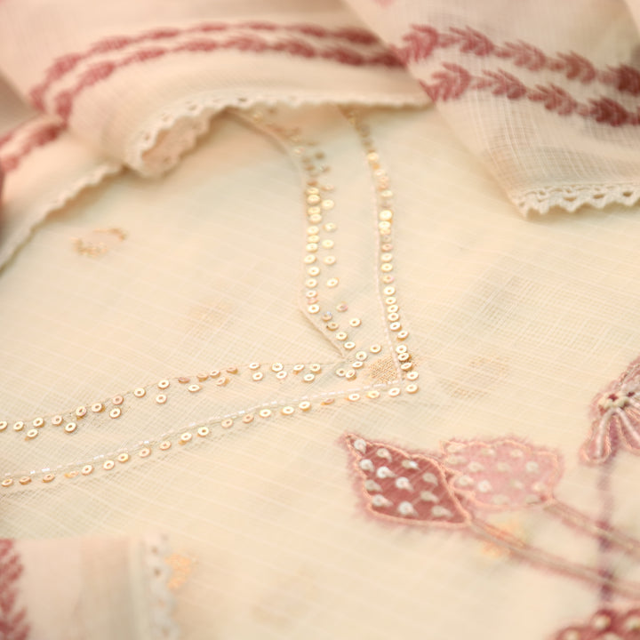Rubiya Cream White with Mauve Floral Print with Kardana and Zari Kota Doriya Set