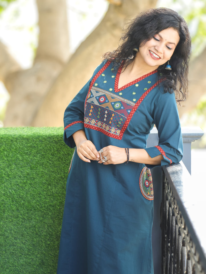 Keshvi Cerulean Teal Thread Embroiered Neck with Patra Cotton Kurti with Pocket