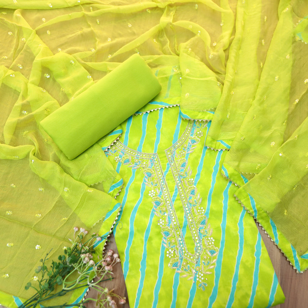 Udaayi Neon Green Embellish Neck Work Leheriya Print Cotton Set