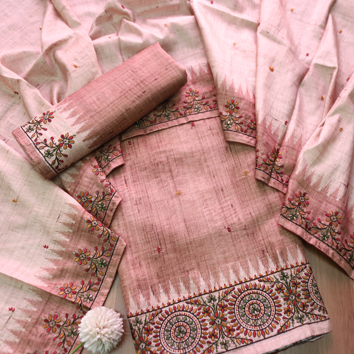 Rishvi Barn Brown Thread Embroidered Hemline Tussar Chanderi Silk Set