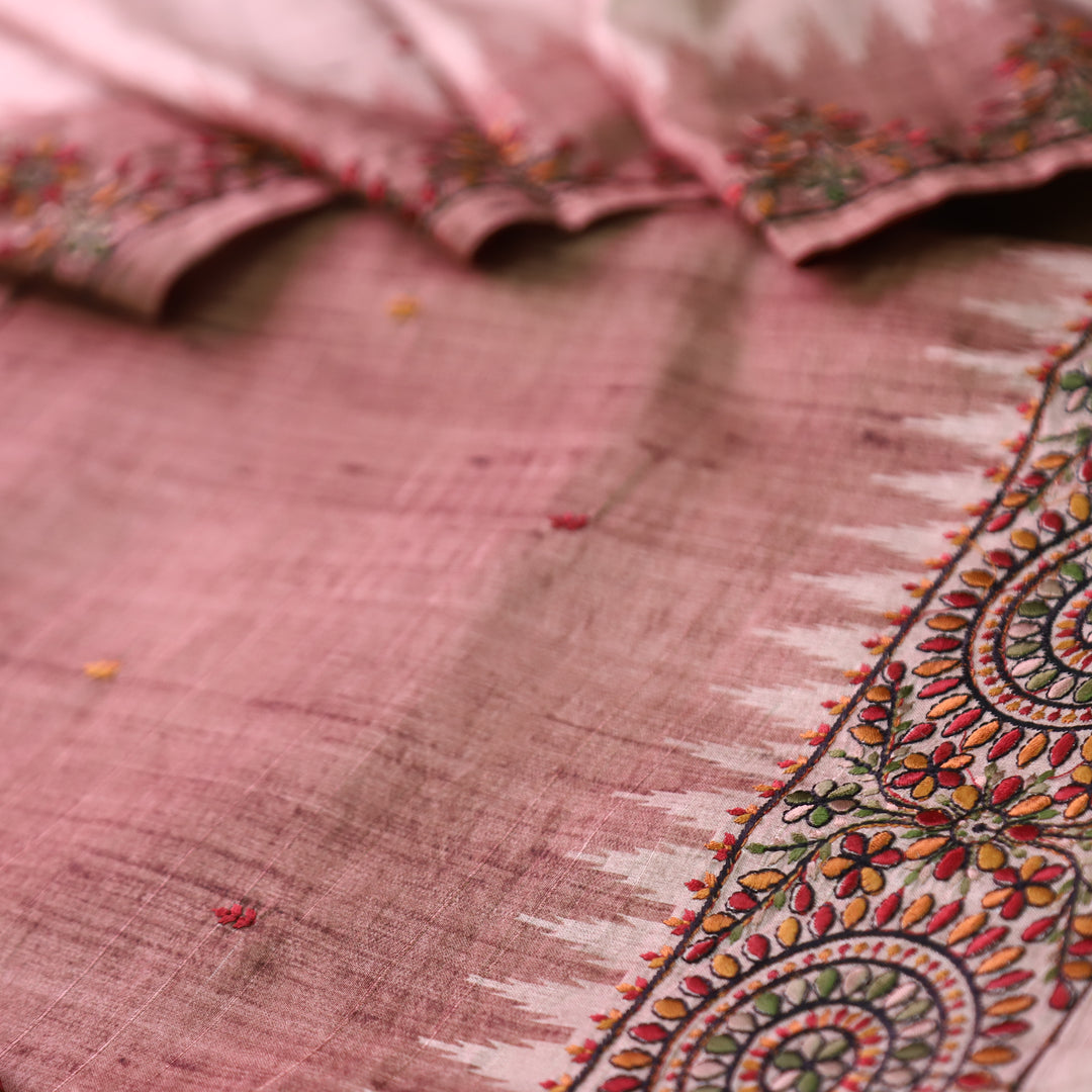 Rishvi Barn Brown Thread Embroidered Hemline Tussar Chanderi Silk Set