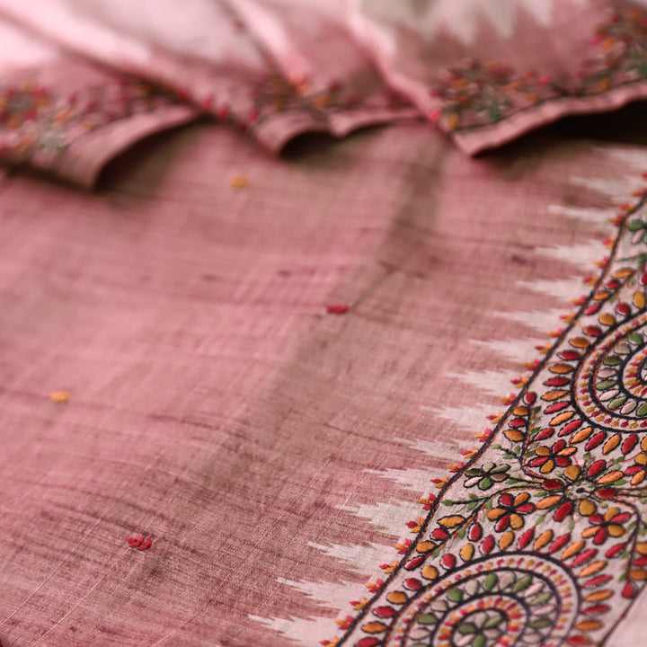 Rishvi Barn Brown Thread Embroidered Hemline Tussar Chanderi Silk Set