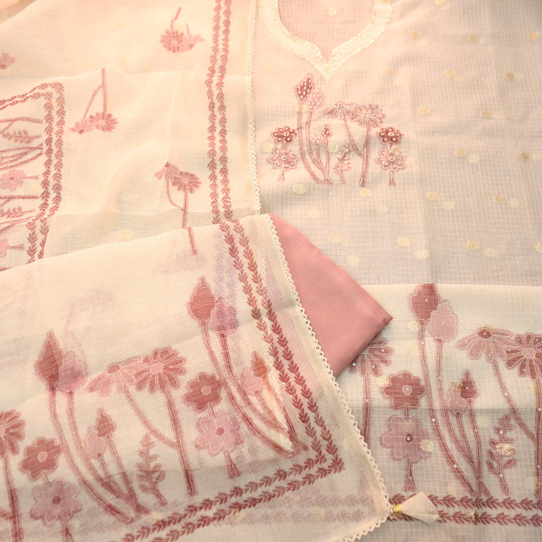 Rubiya Cream White with Mauve Floral Print with Kardana and Zari Kota Doriya Set
