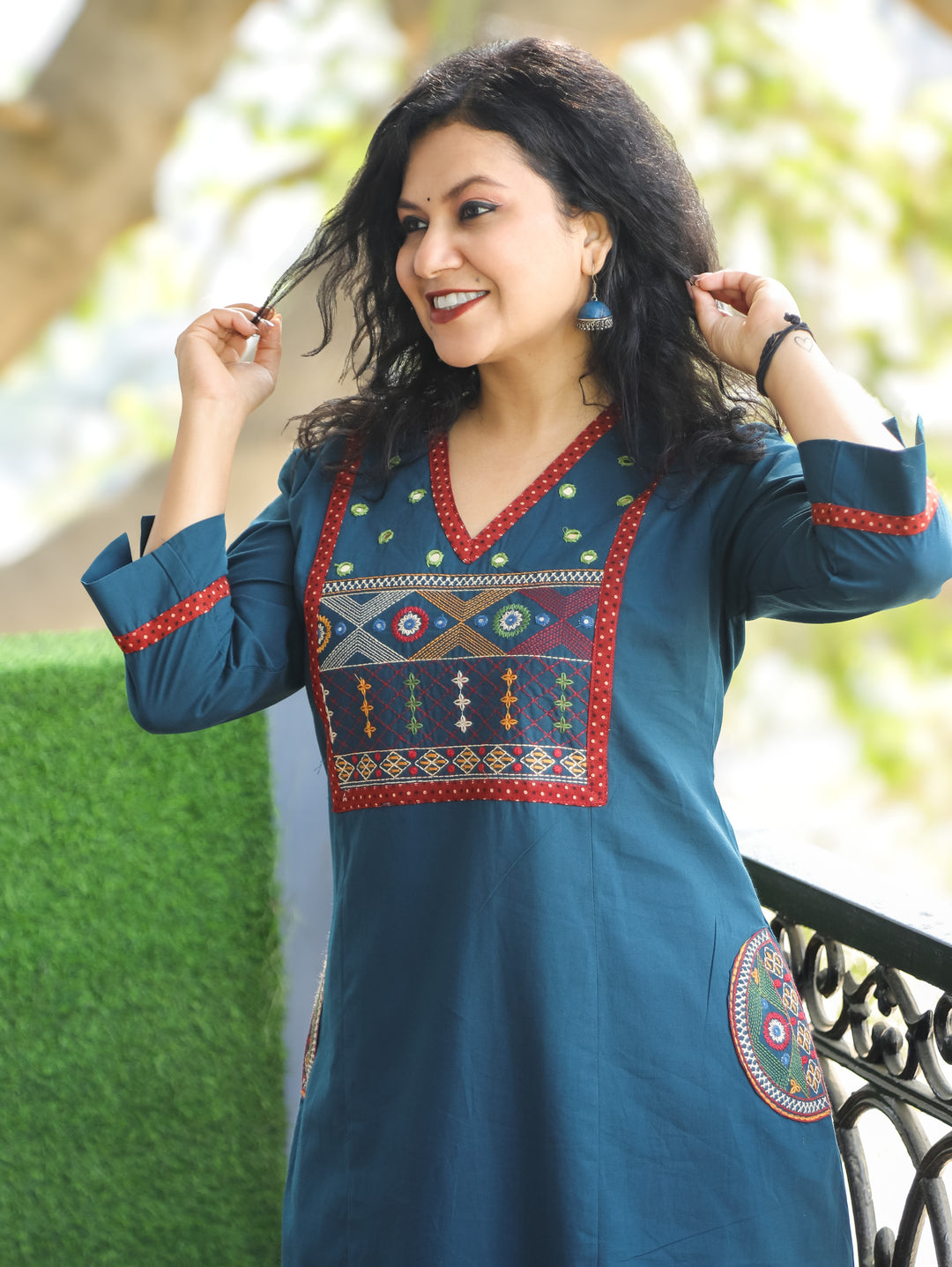 Keshvi Cerulean Teal Thread Embroiered Neck with Patra Cotton Kurti with Pocket