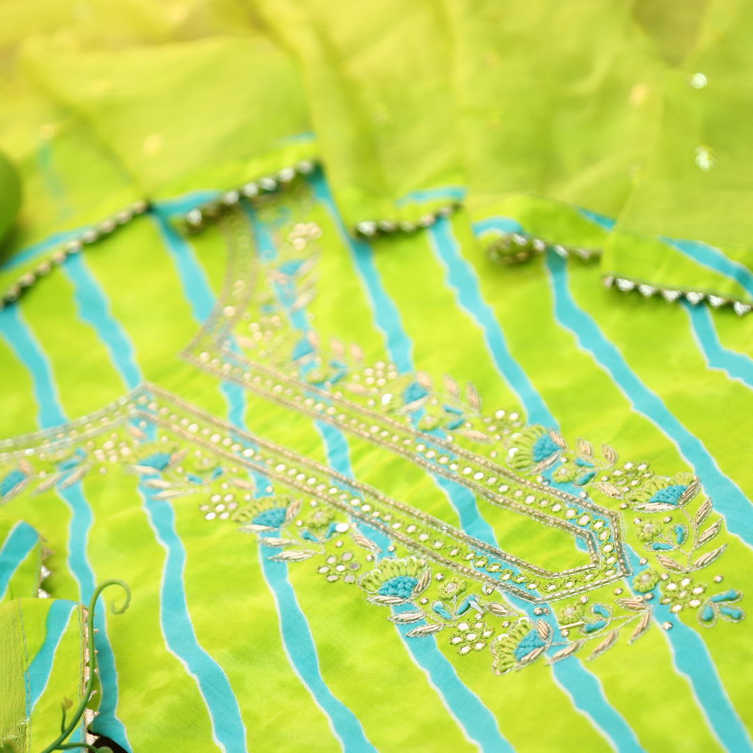 Udaayi Neon Green Embellish Neck Work Leheriya Print Cotton Set