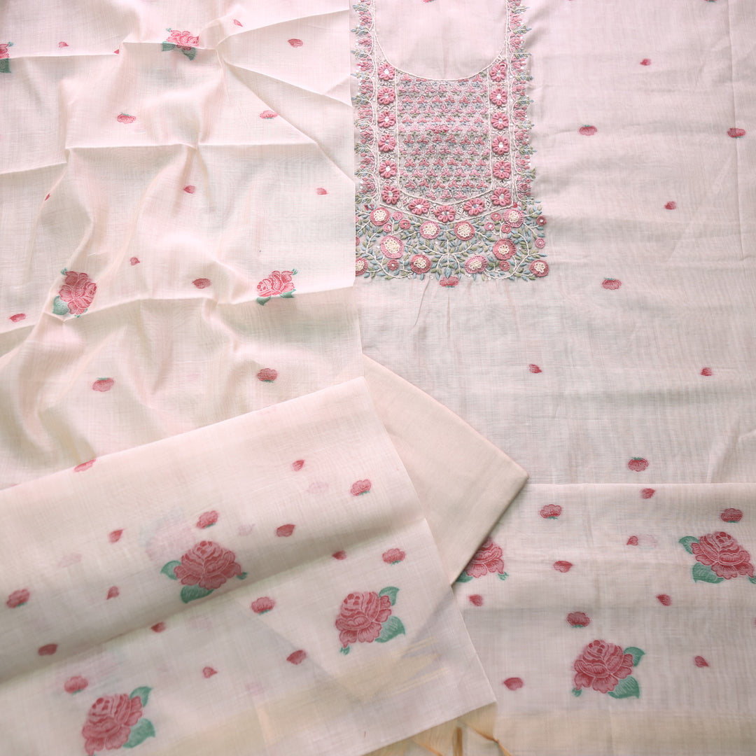 Marjaniya Beige Ruby Red Thread Embroidered Neck Work Jamdani Suit Set