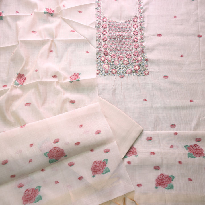 Marjaniya Beige Ruby Red Thread Embroidered Neck Work Jamdani Suit Set