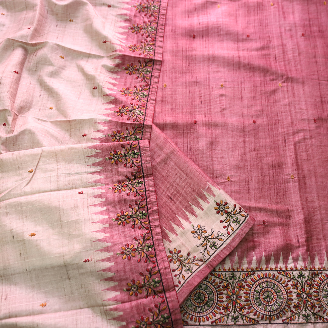 Rishvi Magenta PInk Thread Embroidered Hemline Tussar Chanderi Silk Set