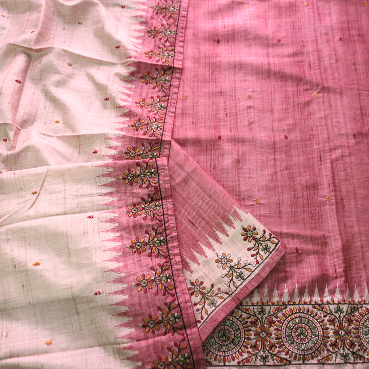 Rishvi Magenta PInk Thread Embroidered Hemline Tussar Chanderi Silk Set