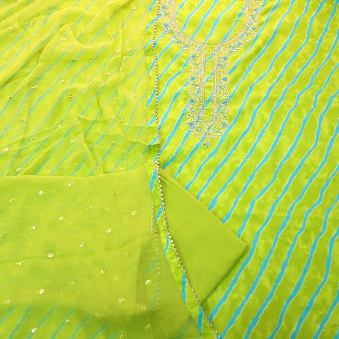 Udaayi Neon Green Embellish Neck Work Leheriya Print Cotton Set