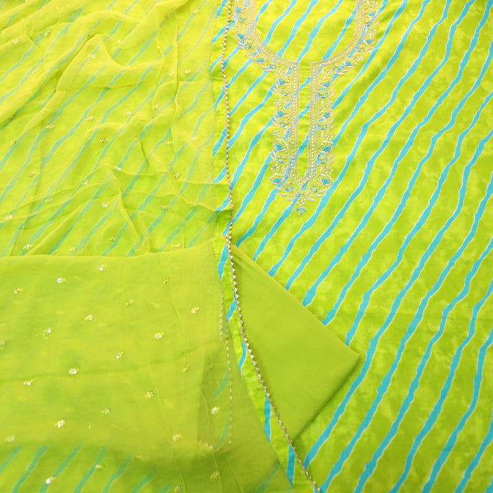 Udaayi Neon Green Embellish Neck Work Leheriya Print Cotton Set
