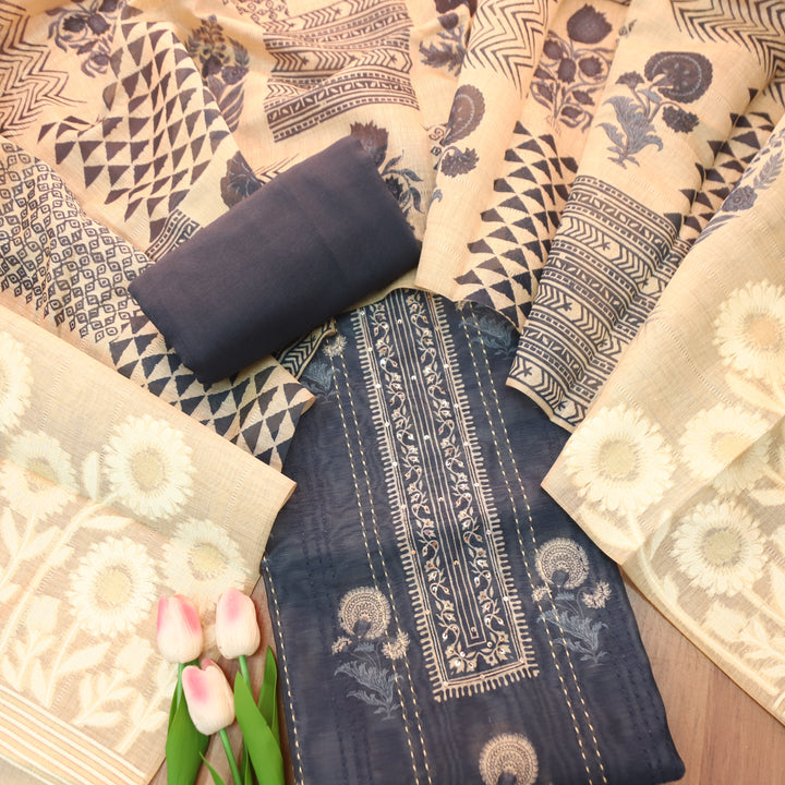 Ella Navy Blue Digital Printed Running Thread Work Chanderi Set D1