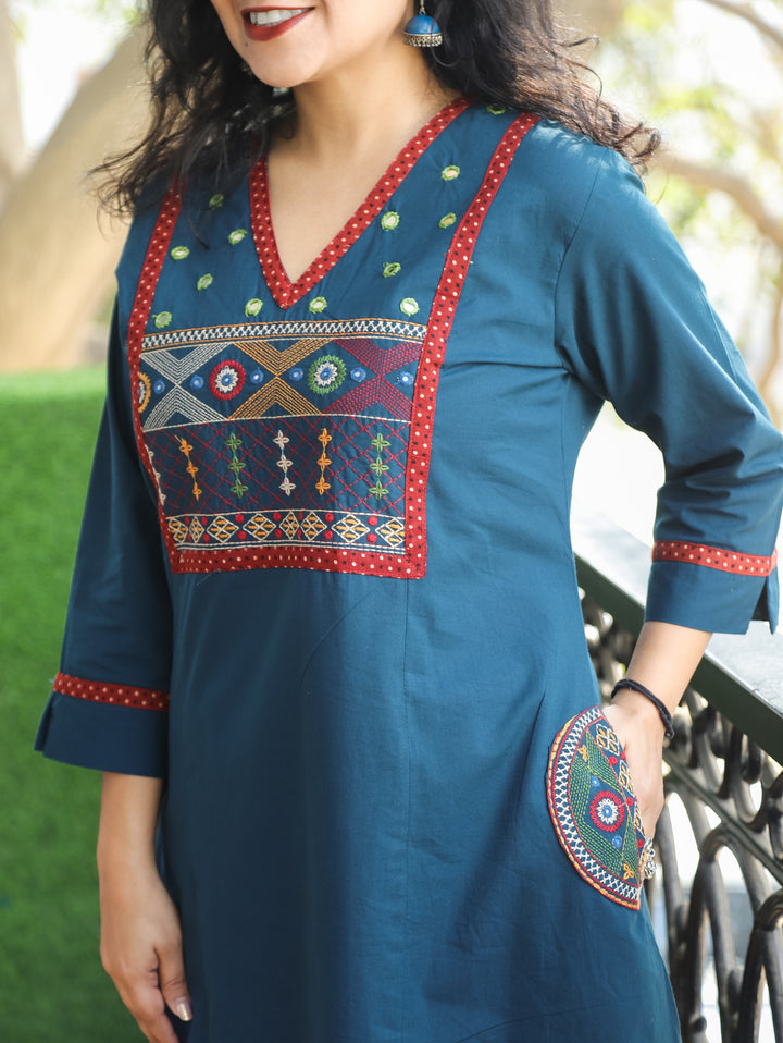 Keshvi Cerulean Teal Thread Embroiered Neck with Patra Cotton Kurti with Pocket