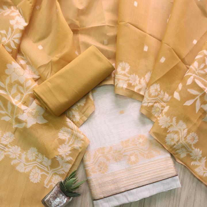 Roop Ivory White with Yellow Authentic Jamdani Weaved Suit Set