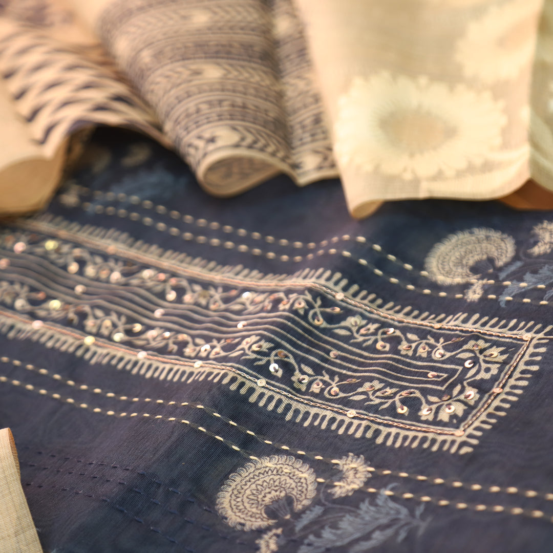 Ella Navy Blue Digital Printed Running Thread Work Chanderi Set D1
