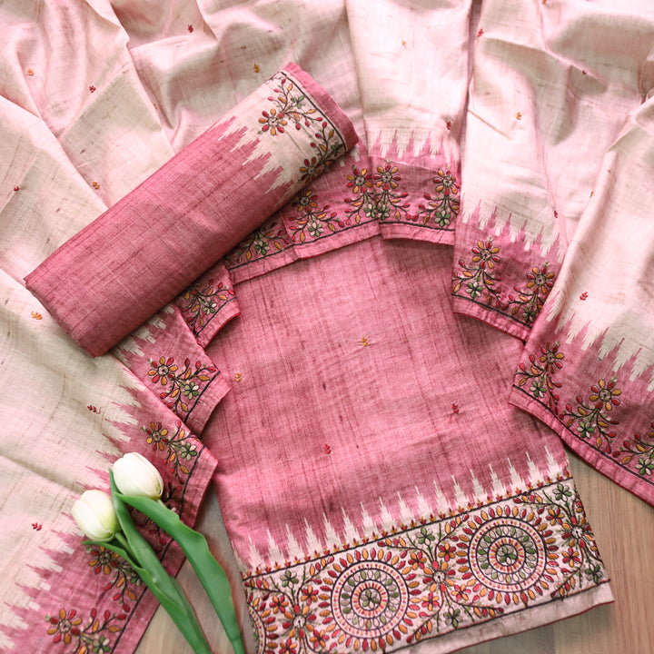 Rishvi Magenta PInk Thread Embroidered Hemline Tussar Chanderi Silk Set