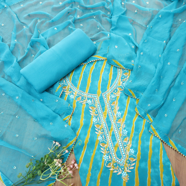 Udaayi Aqua Blue Embellish Neck Work Leheriya Print Cotton Set