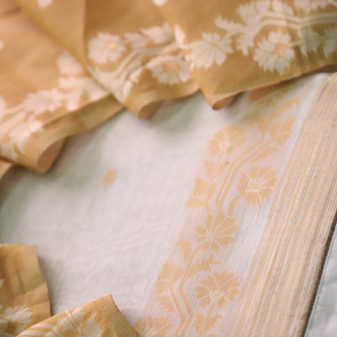 Roop Ivory White with Yellow Authentic Jamdani Weaved Suit Set