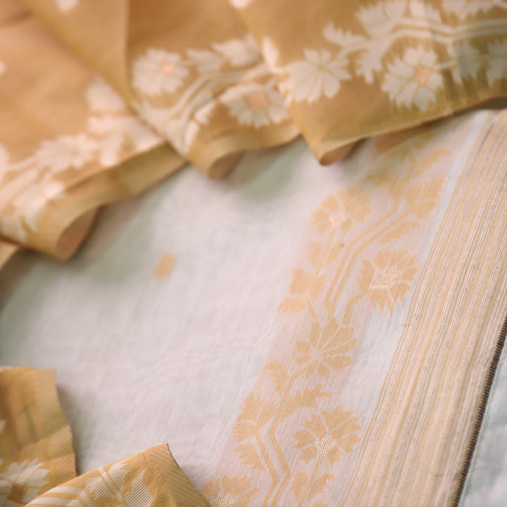Roop Ivory White with Yellow Authentic Jamdani Weaved Suit Set