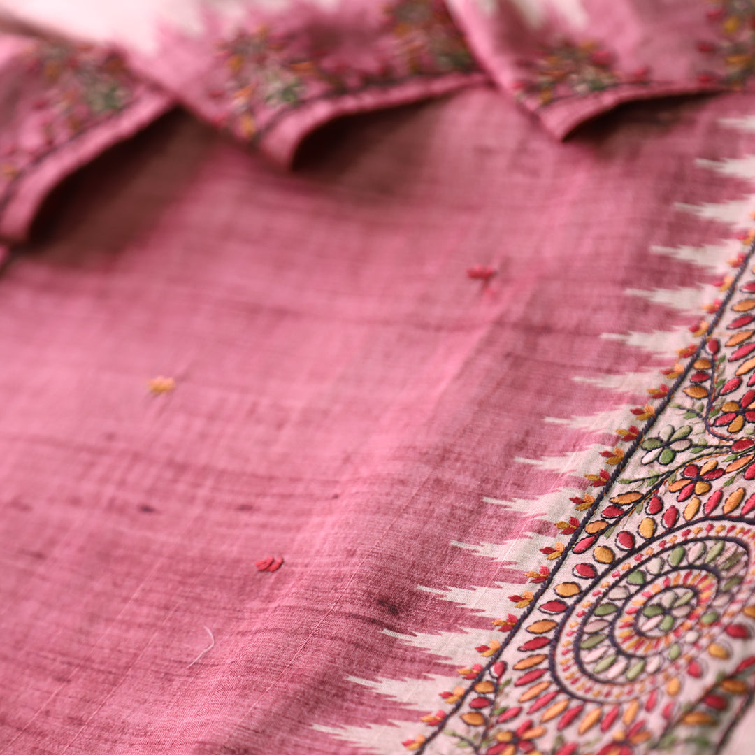 Rishvi Magenta PInk Thread Embroidered Hemline Tussar Chanderi Silk Set