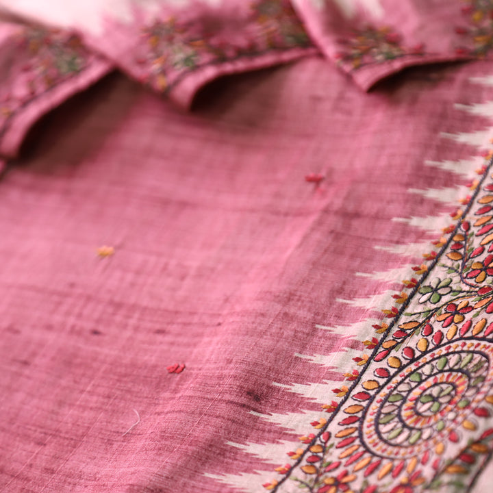 Rishvi Magenta PInk Thread Embroidered Hemline Tussar Chanderi Silk Set