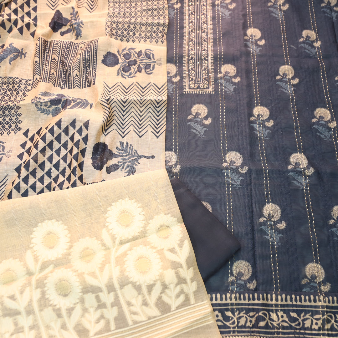 Ella Navy Blue Digital Printed Running Thread Work Chanderi Set D1
