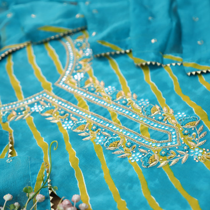 Udaayi Aqua Blue Embellish Neck Work Leheriya Print Cotton Set