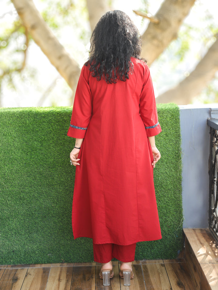 Keshvi Cherry Red Thread Embroiered Neck with Patra Cotton Kurti with Pocket