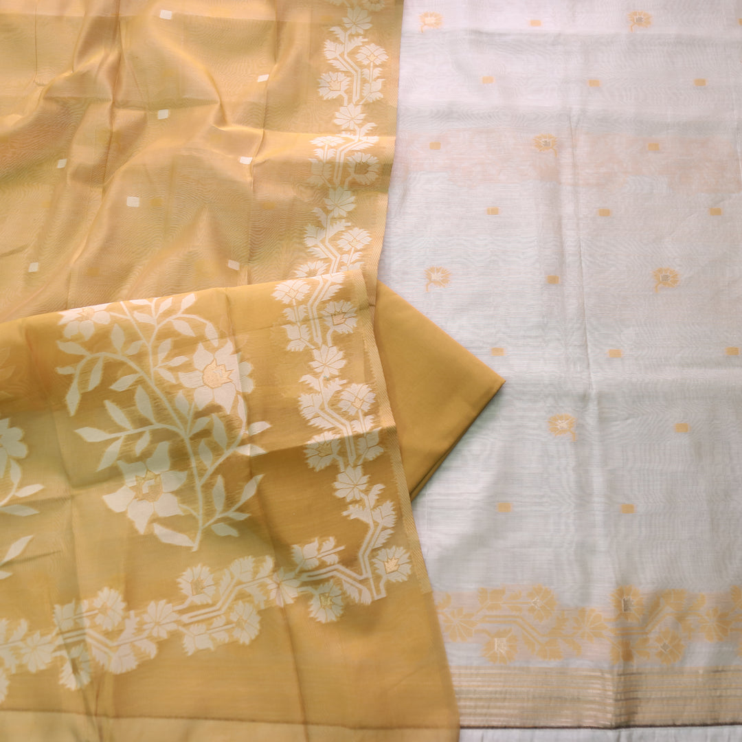 Roop Ivory White with Yellow Authentic Jamdani Weaved Suit Set