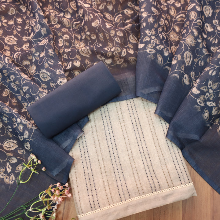 Ella Beige Running Thread Work Cotton Linen Set D1
