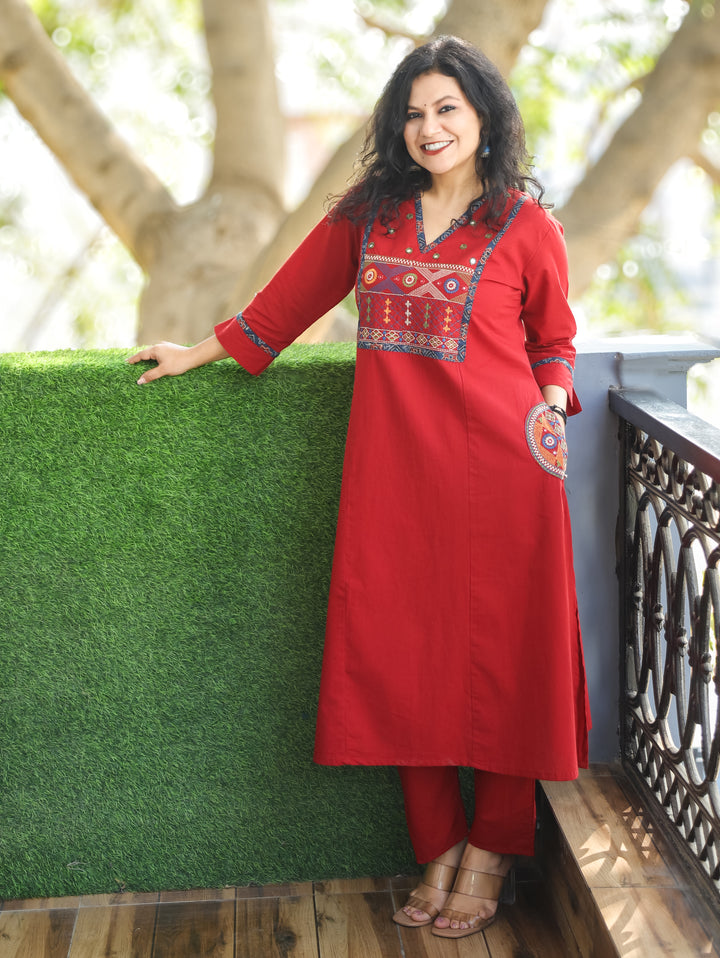 Keshvi Cherry Red Thread Embroiered Neck with Patra Cotton Kurti with Pocket