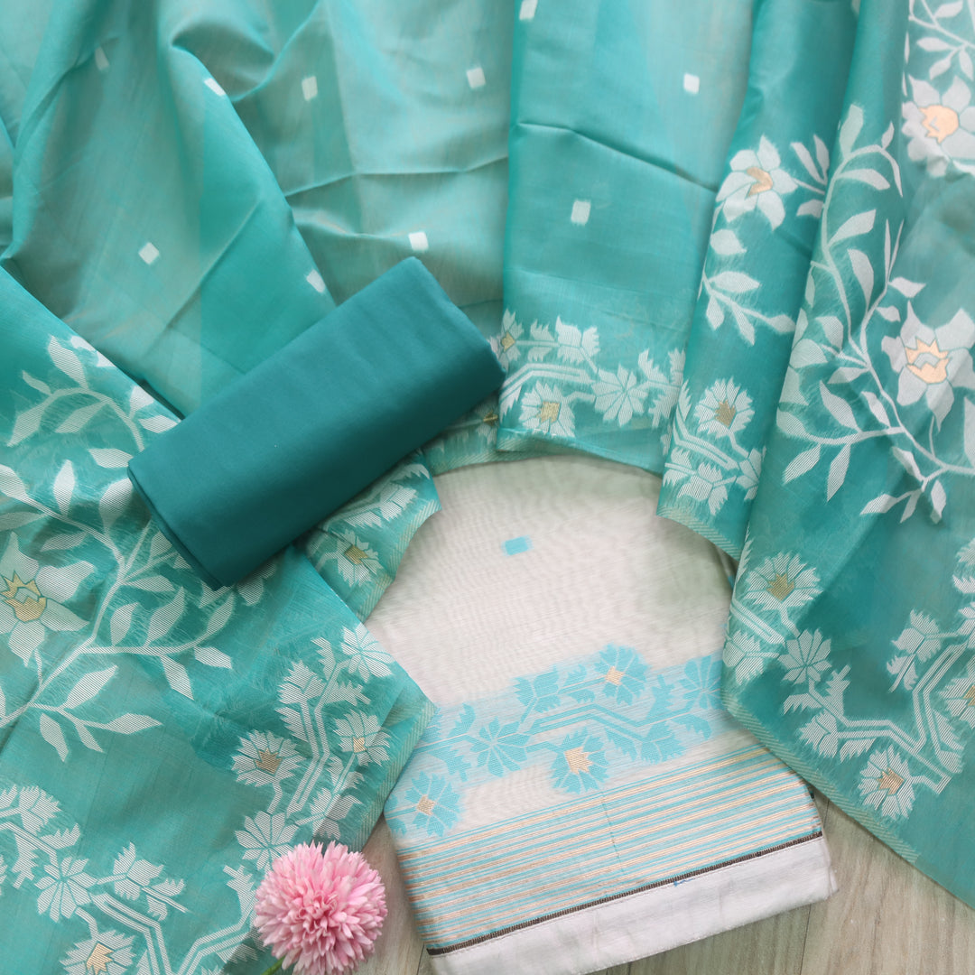 Roop Ivory White with Teal Green Authentic Jamdani Weaved Suit Set