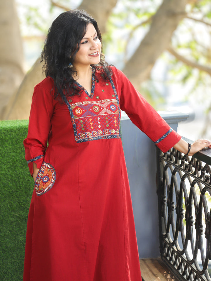 Keshvi Cherry Red Thread Embroiered Neck with Patra Cotton Kurti with Pocket
