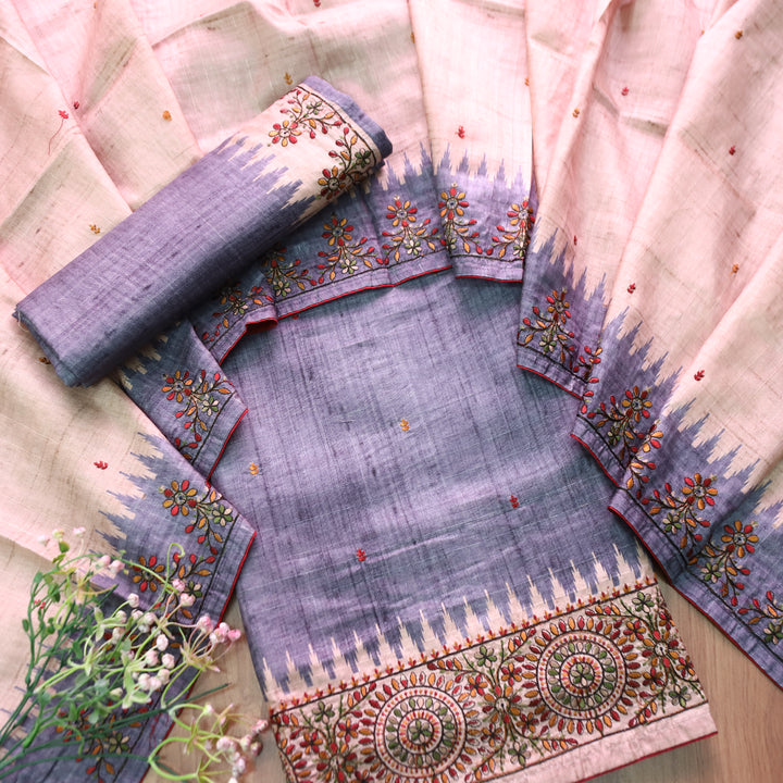 Rishvi Shadow Grey Thread Embroidered Hemline Tussar Chanderi Silk Set