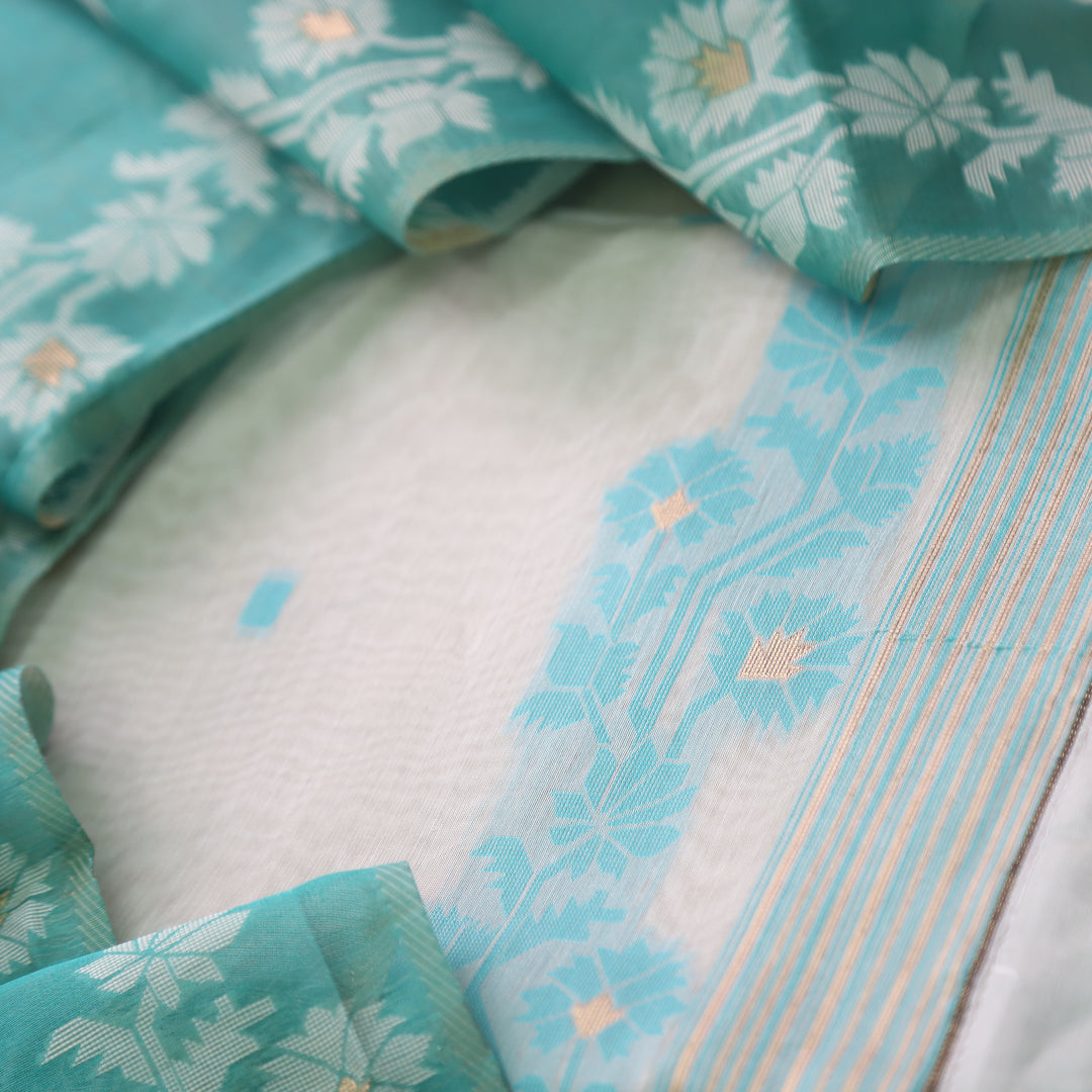 Roop Ivory White with Teal Green Authentic Jamdani Weaved Suit Set