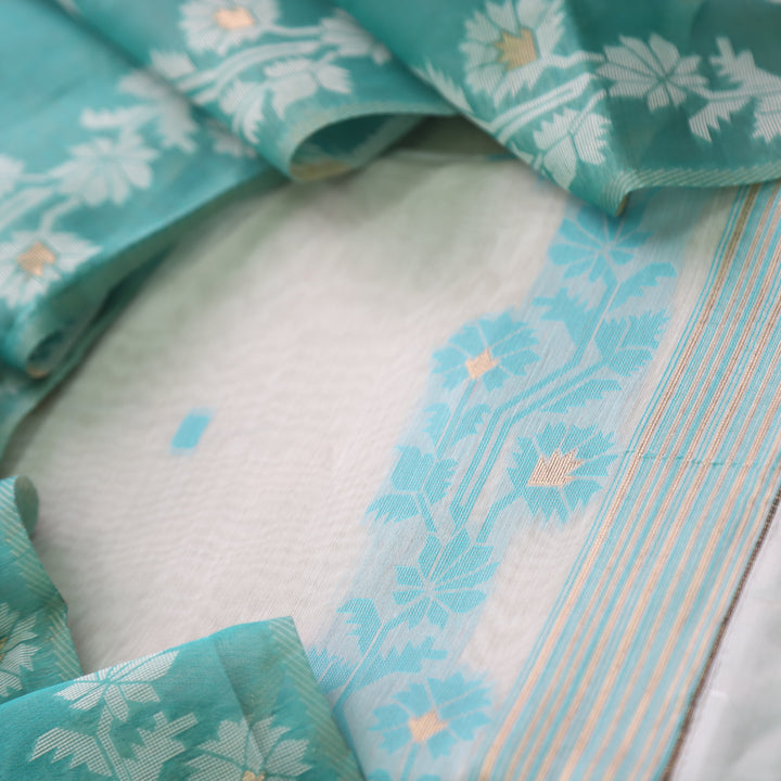 Roop Ivory White with Teal Green Authentic Jamdani Weaved Suit Set