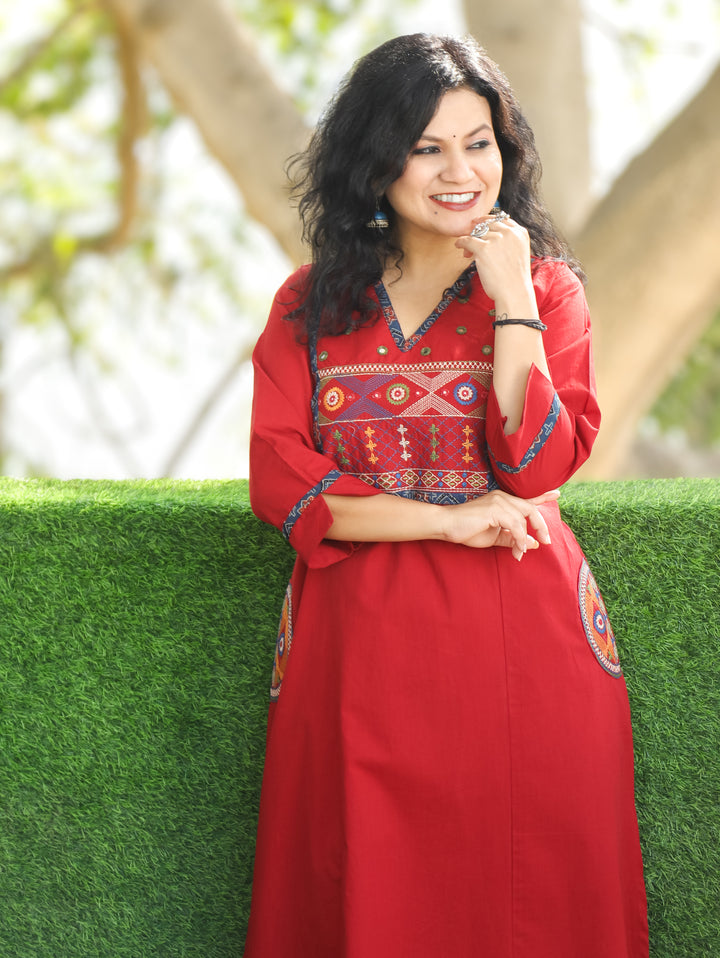 Keshvi Cherry Red Thread Embroiered Neck with Patra Cotton Kurti with Pocket
