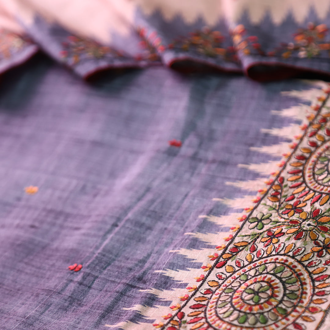 Rishvi Shadow Grey Thread Embroidered Hemline Tussar Chanderi Silk Set