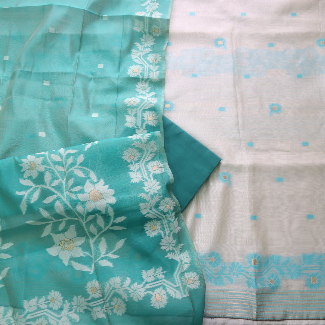 Roop Ivory White with Teal Green Authentic Jamdani Weaved Suit Set