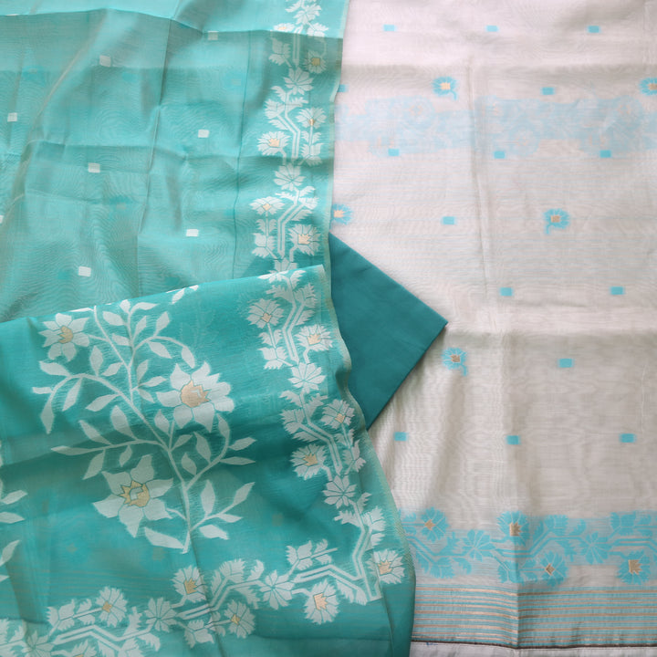 Roop Ivory White with Teal Green Authentic Jamdani Weaved Suit Set