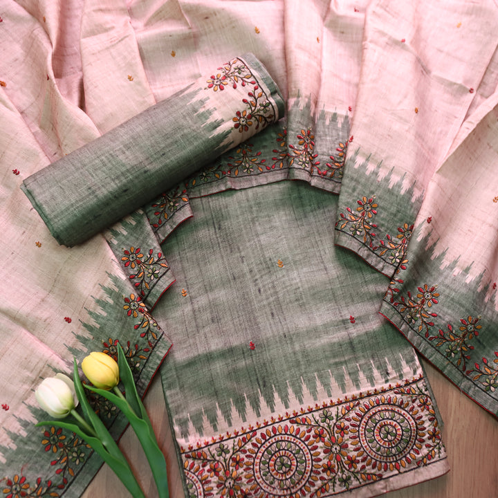 Rishvi Sage Green Thread Embroidered Hemline Tussar Chanderi Silk Set