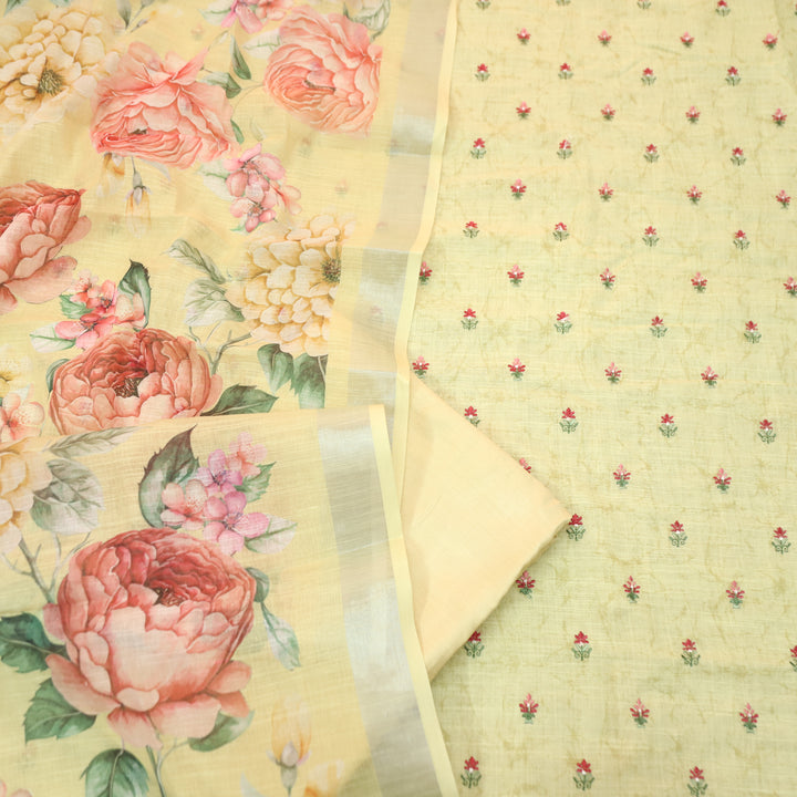 Lilly Butter Yellow Thread Floral Buti Work Cotton Linen Set
