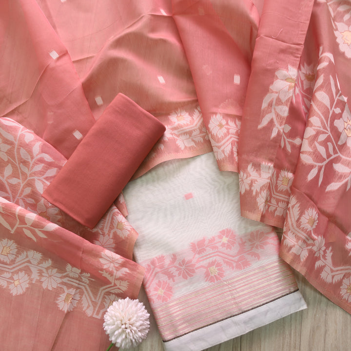 Roop Ivory White with Peach Authentic Jamdani Weaved Suit Set