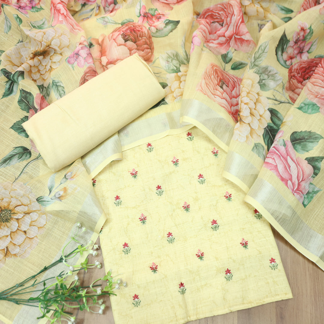 Lilly Butter Yellow Thread Floral Buti Work Cotton Linen Set