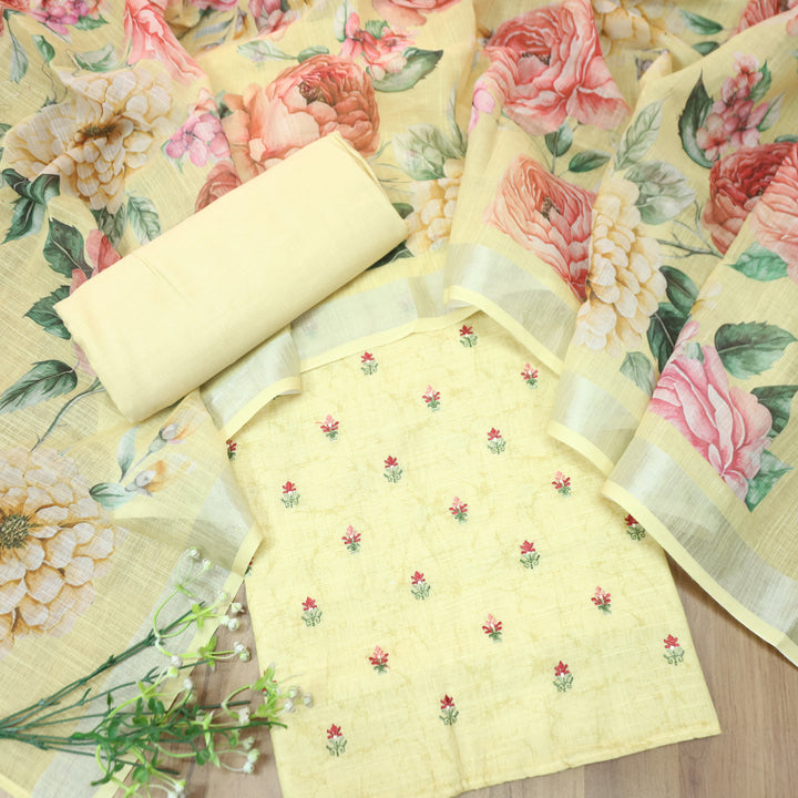 Lilly Butter Yellow Thread Floral Buti Work Cotton Linen Set