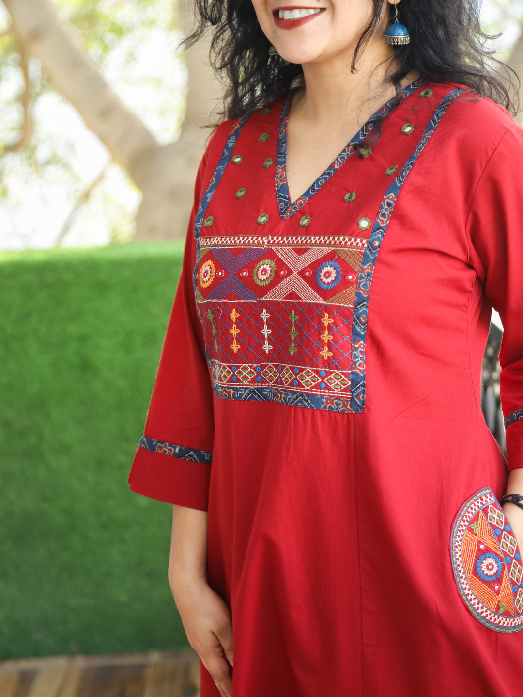 Keshvi Cherry Red Thread Embroiered Neck with Patra Cotton Kurti with Pocket