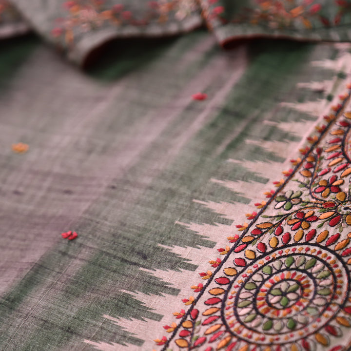 Rishvi Sage Green Thread Embroidered Hemline Tussar Chanderi Silk Set