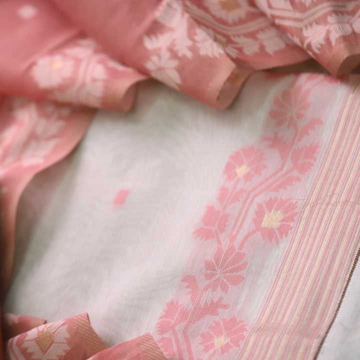 Roop Ivory White with Peach Authentic Jamdani Weaved Suit Set
