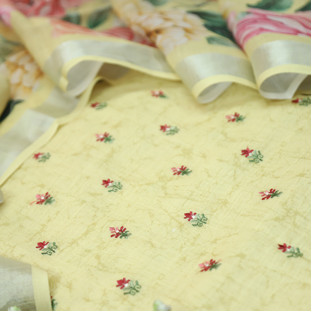 Lilly Butter Yellow Thread Floral Buti Work Cotton Linen Set