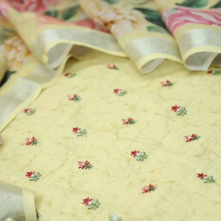 Lilly Butter Yellow Thread Floral Buti Work Cotton Linen Set
